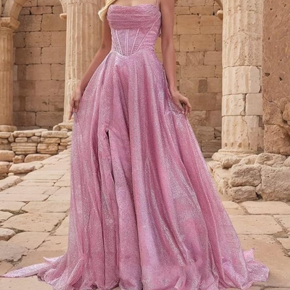Sparkly Ruched A Line Spaghetti Strap - Formal Dress - Pink